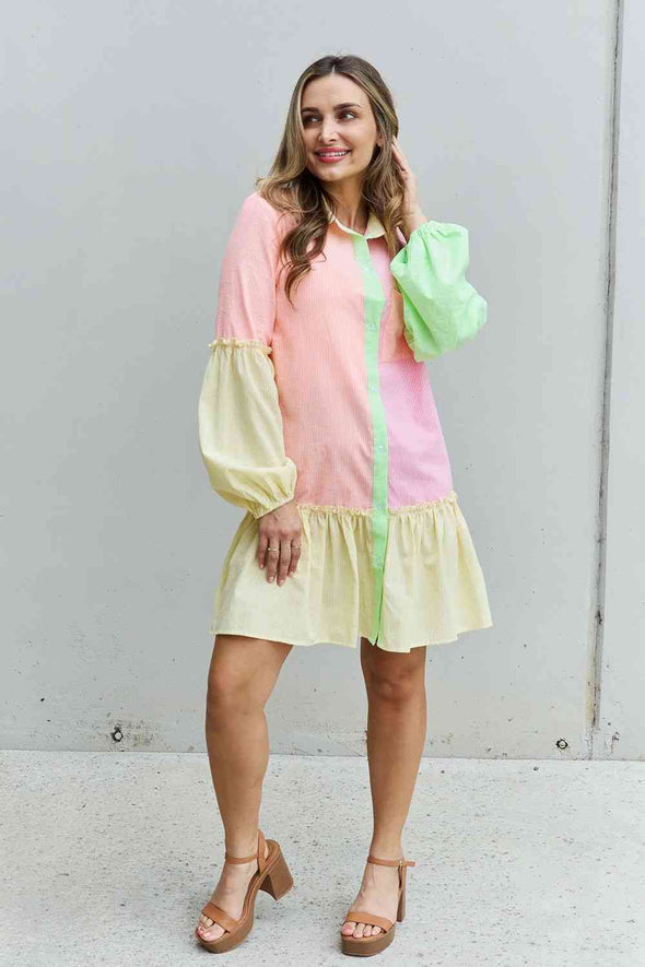 Davi & Dani Flying Colors Colorblock Long Sleeve Shirt Dress