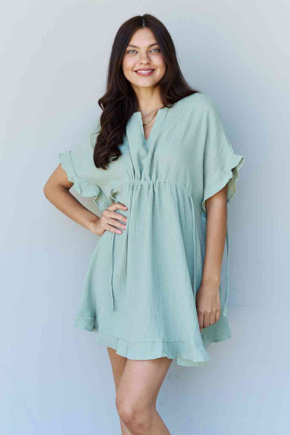 Ninexis Out Of Time Ruffle Hem Dress with Drawstring Waistband in Light Sage