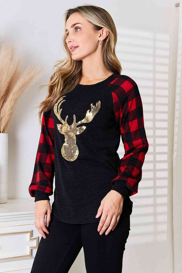 Heimish Sequin Reindeer Graphic Plaid Top