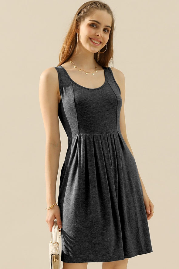 Doublju Round Neck Ruched Sleeveless Dress with Pockets