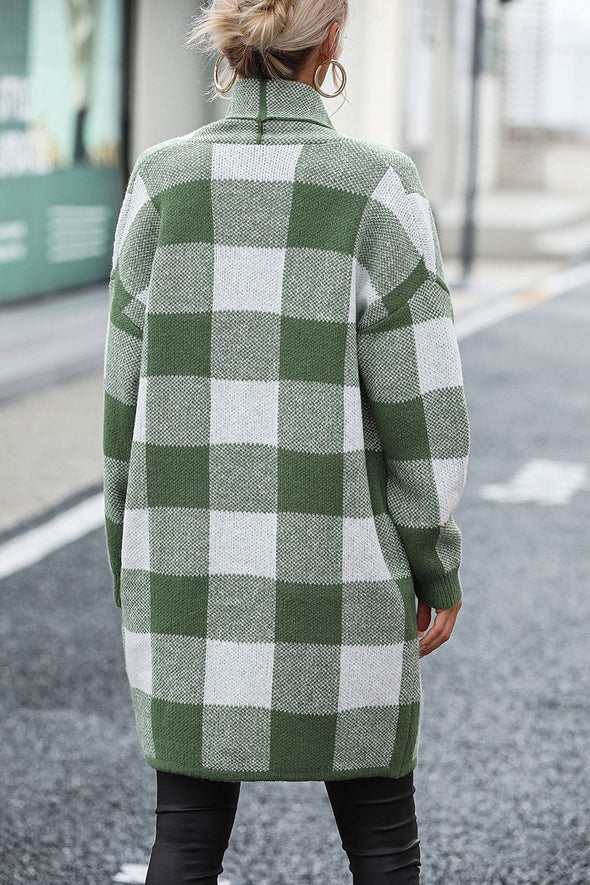 Plaid Dropped Shoulder Cardigan with Pocket