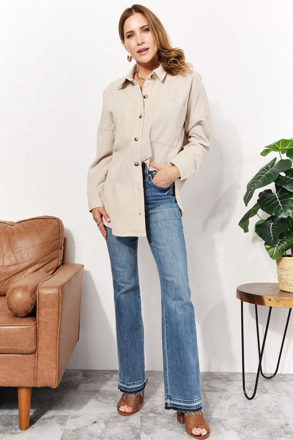 HEYSON Oversized Corduroy Button-Down Tunic Shirt with Bust Pocket