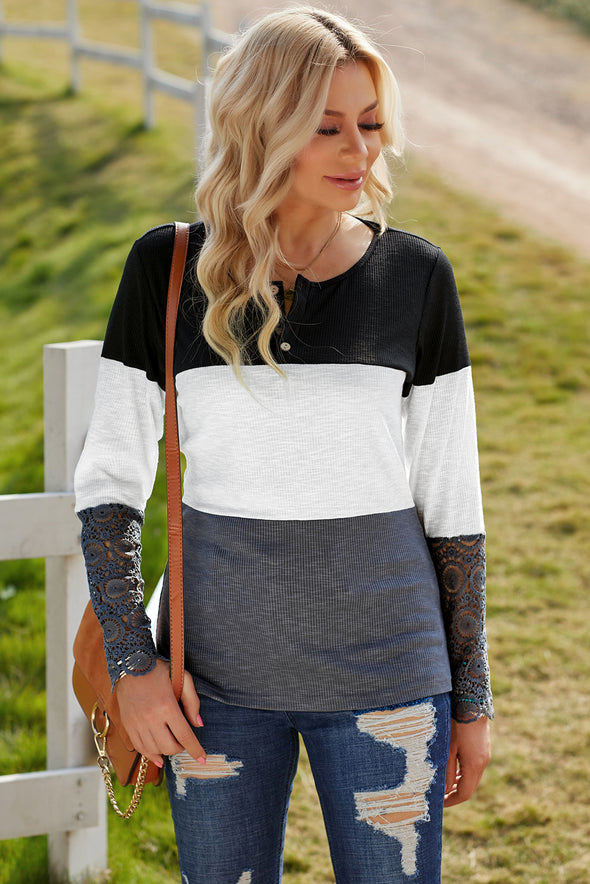 Color Block Spliced Lace Sleeve Ribbed Top