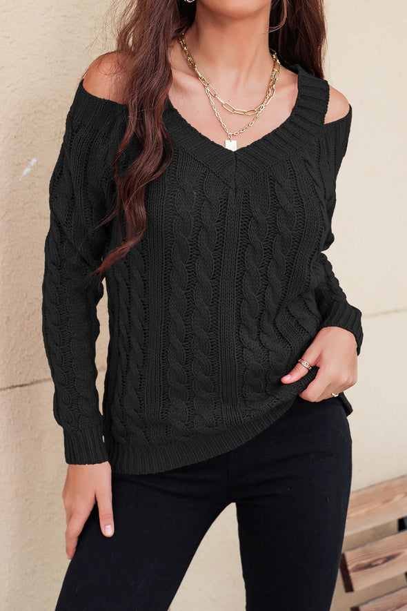 Cable-Knit Cold-Shoulder Long Sleeve Sweater
