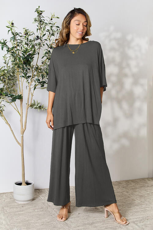 Double Take Round Neck Slit Top and Pants Set