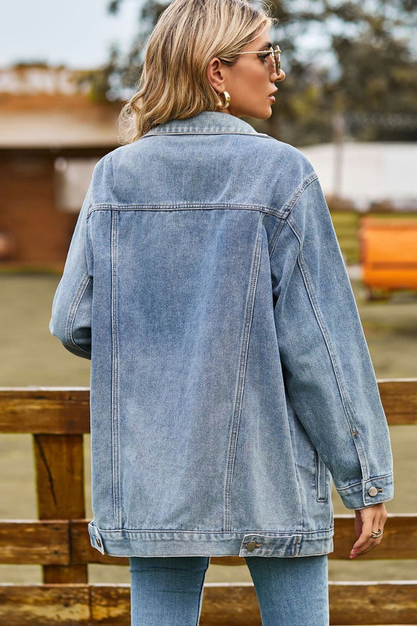 Buttoned Collared Neck Denim Jacket with Pockets