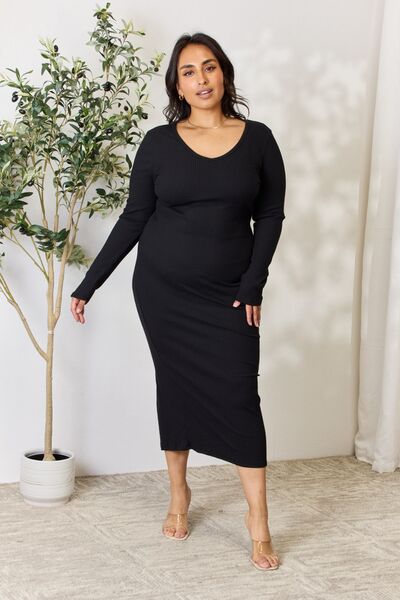 Culture Code Ribbed Long Sleeve Midi Slit Dress