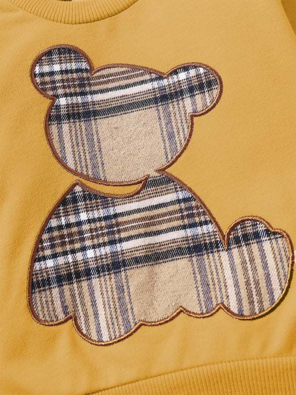 Plaid Bear Graphic Tee and Plaid Print Pants Set