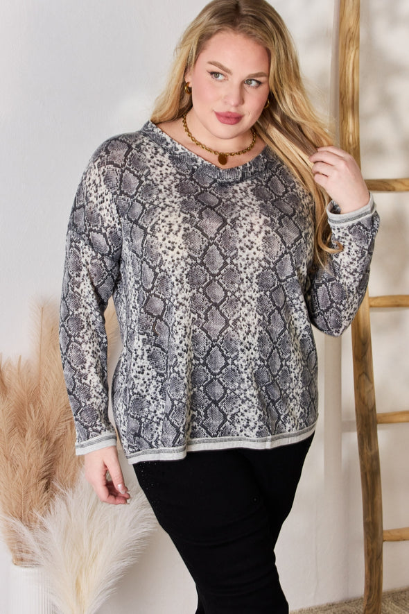 Hailey & Co Snakeskin V-Neck Long Sleeve Top