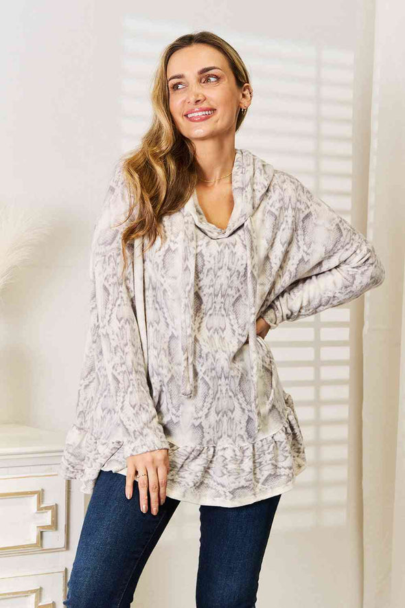 Jade By Jane Snakeskin Print Ruffle Hem Hoodie