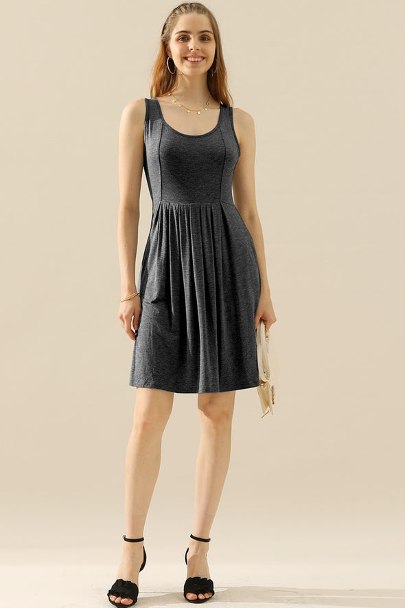 Doublju Round Neck Ruched Sleeveless Dress with Pockets