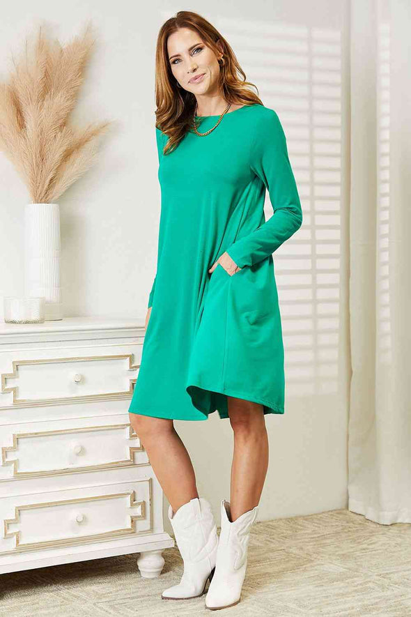 Zenana Long Sleeve Flare Dress with Pockets