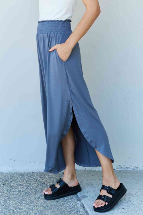 Doublju Comfort Princess High Waist Scoop Hem Maxi Skirt in Dusty Blue