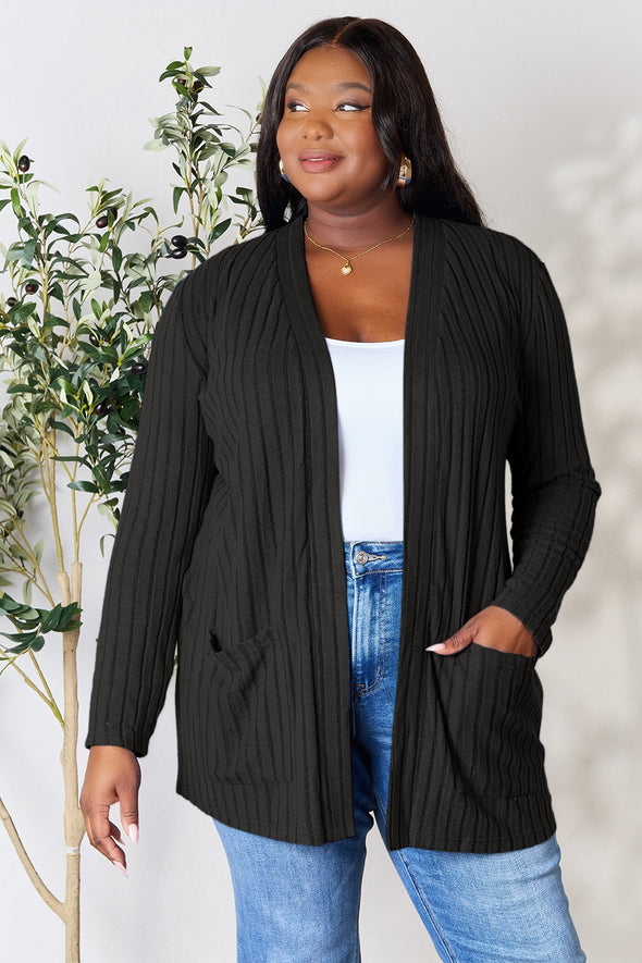 Basic Bae Ribbed Open Front Cardigan with Pockets