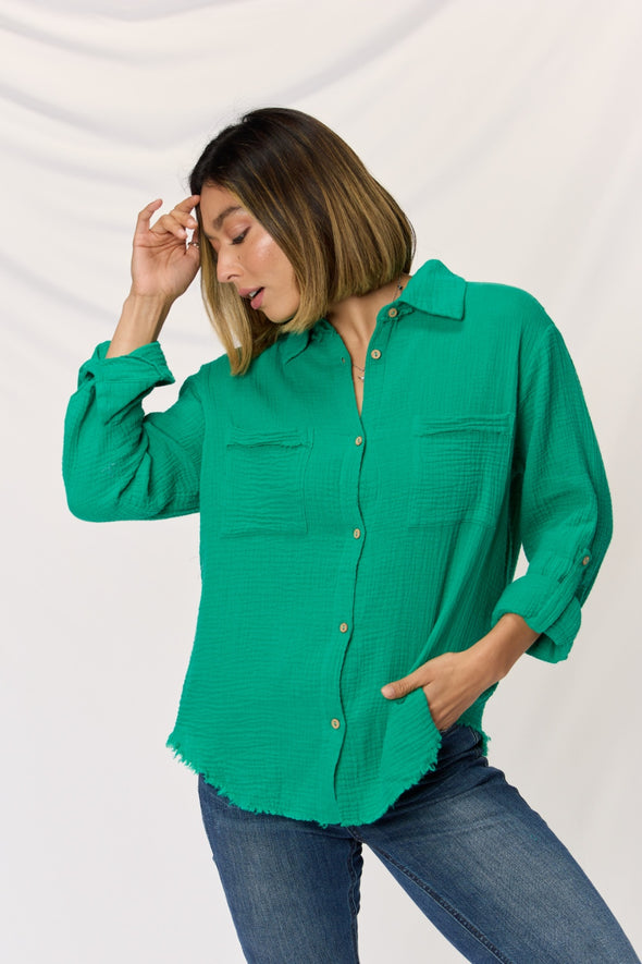 Zenana Texture Button Up Raw Hem Long Sleeve Shirt