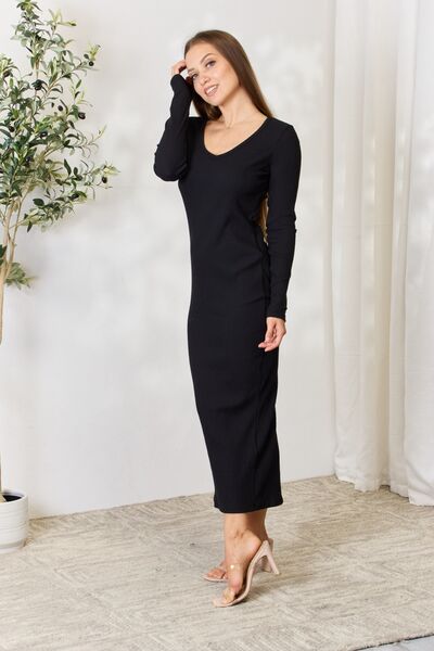 Culture Code Ribbed Long Sleeve Midi Slit Dress