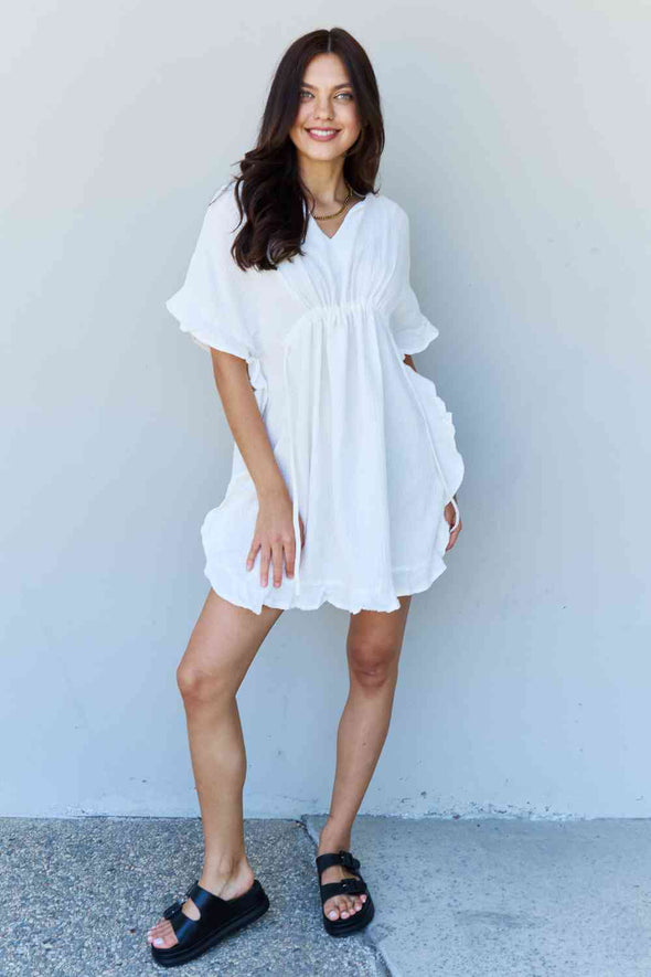 Ninexis Out Of Time Ruffle Hem Dress with Drawstring Waistband in White