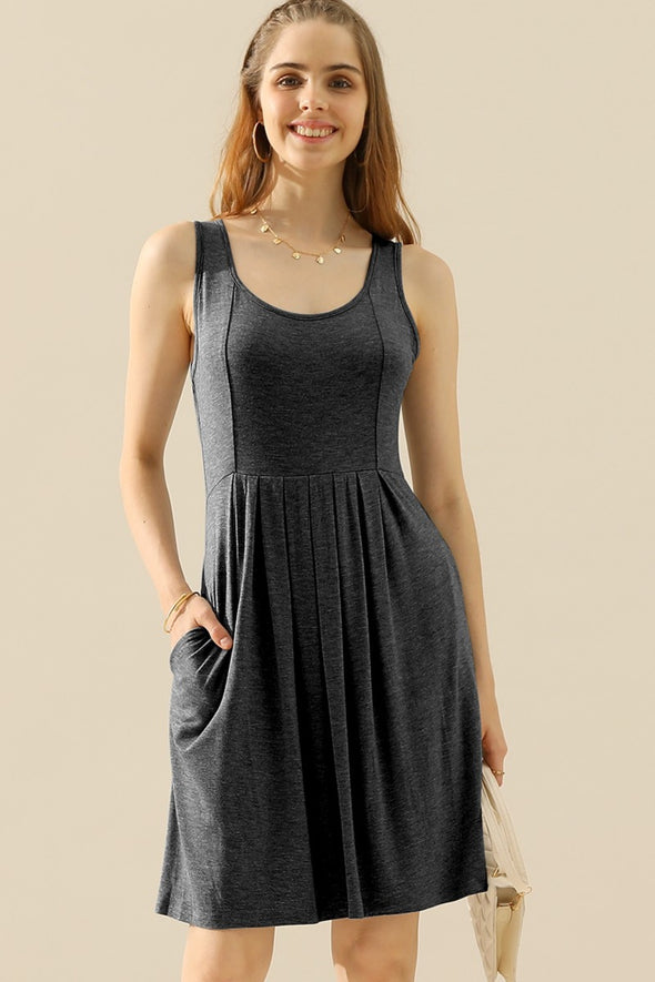 Doublju Round Neck Ruched Sleeveless Dress with Pockets